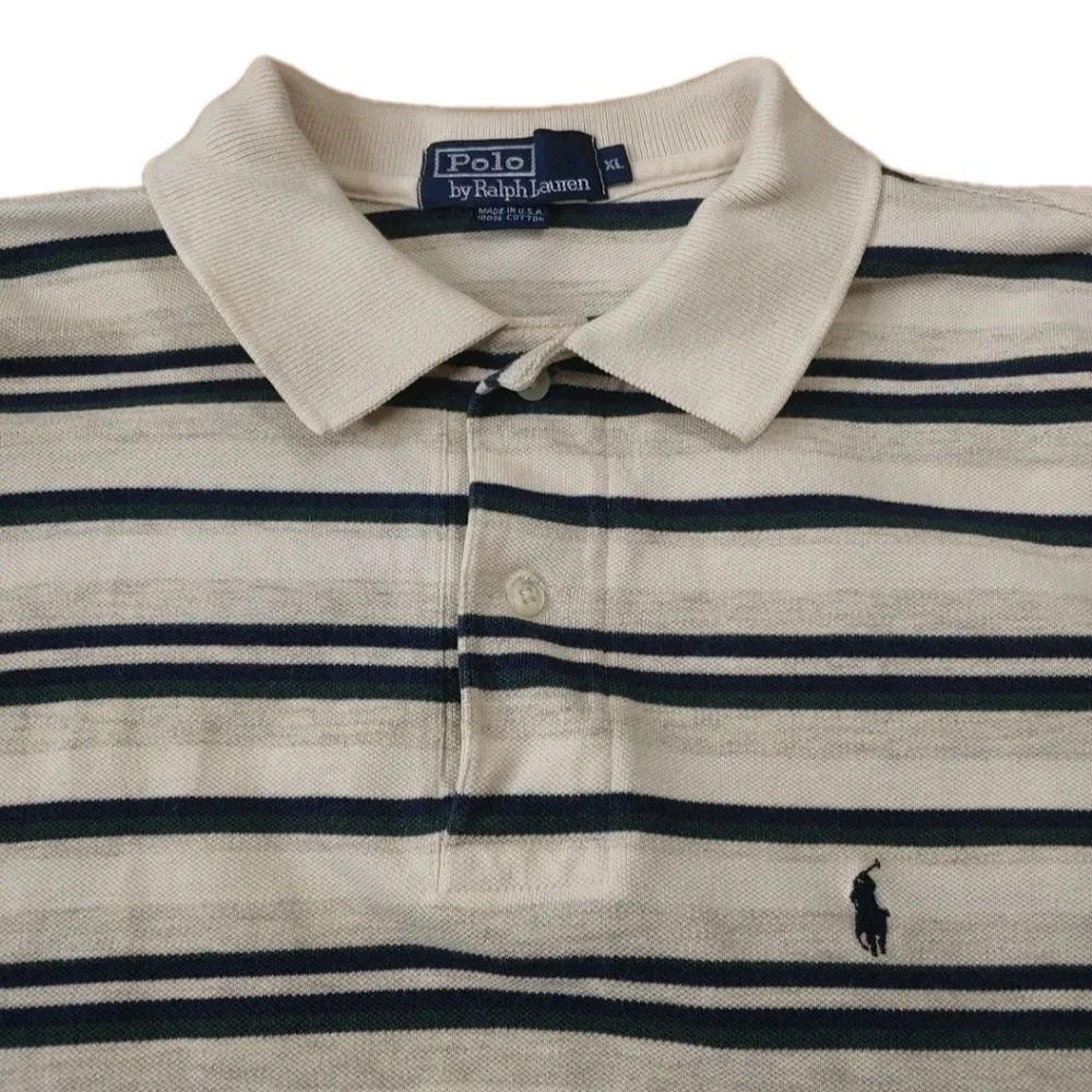 Polo Ralph Lauren Rugby Polo Shirt Men XL Beige Striped Vtg USA Pony Logo L/S
